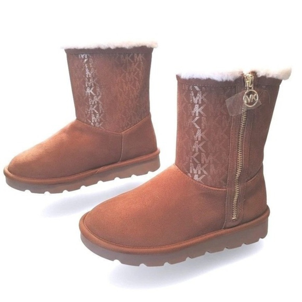 Michael Kors Kids Brown MK Logo Fur Trimmed Zip Winter Boots Girls Size 5